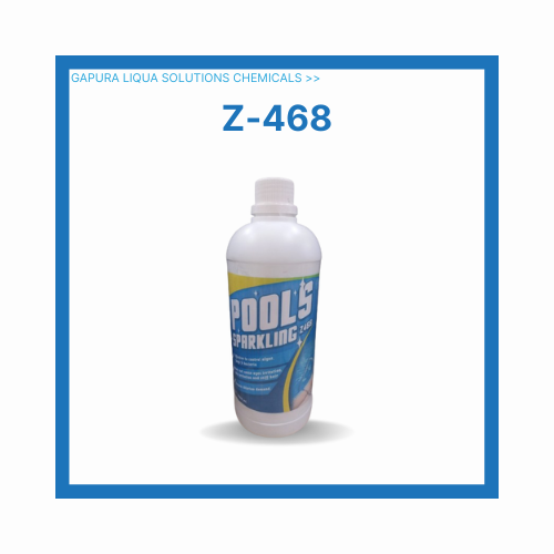 POOLS SPARKLING Z468, a specialized pool maintenance chemical designed to ensure crystal clear water. It effectively controls algae, prevents stains, and removes greases. The product’s label features clean blue pool water imagery, symbolizing the sparkling results achievable with this treatment solution.
