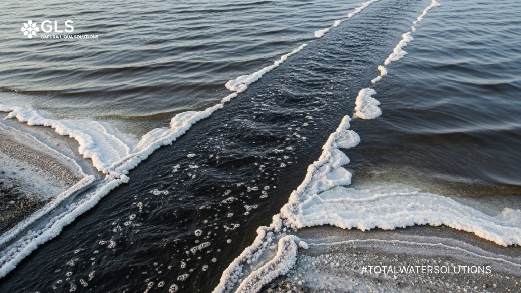 High salinity industrial wastewater being discharged into a body of water, showing the stark contrast between the dark, murky effluent and the surrounding water, with visible salt deposits and dead aquatic life, highlighting the ecological damage.
