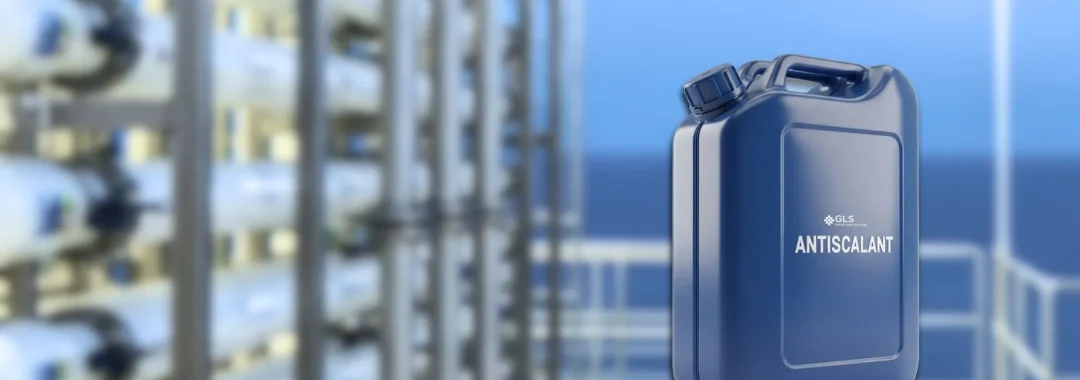 A blue jerrycan of GLS Antiscalant, representing the best RO membrane antiscalant, positioned in front of a blurred reverse osmosis water treatment plant.