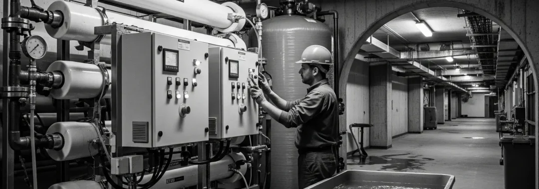 A black and white image of a Brackish Water Reverse Osmosis (BWRO) system operating in a hotel's underground utility area, with a technician checking the control panel.