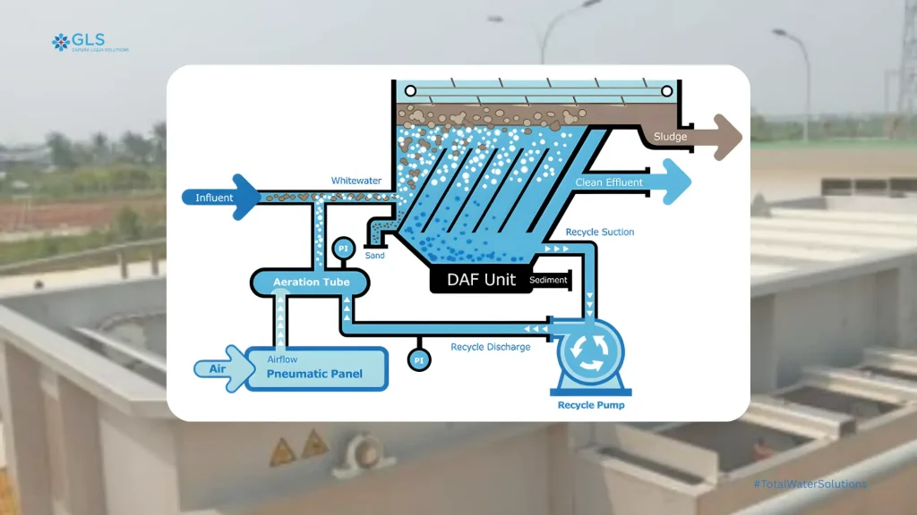 A process flow diagram explaining how a DAF system works, showing influent, micro-bubble flotation, and the separation of sludge from clean effluent.