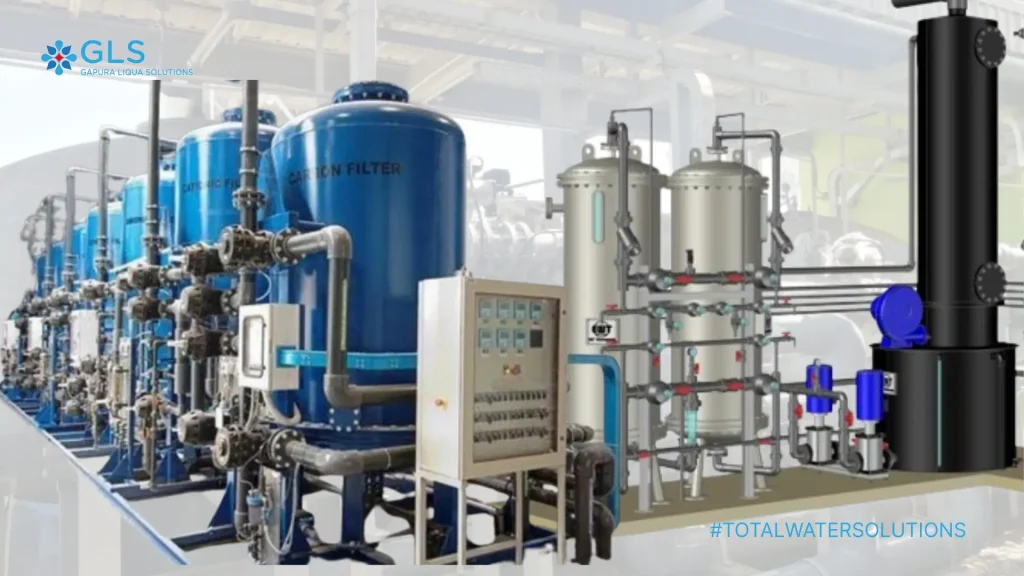 An industrial-scale demineralized water system for a power plant, featuring a row of large blue carbon filter tanks, a central control panel, and stainless steel polishing vessels, with the Gapura Liqua Solutions logo.