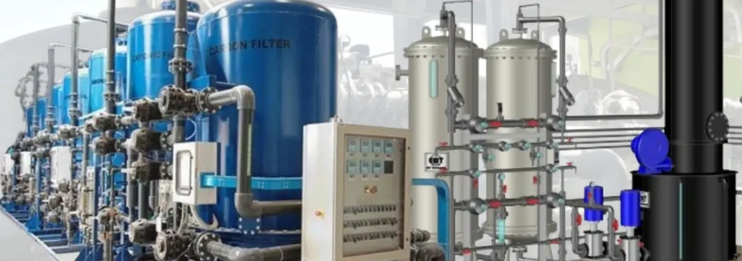 An industrial-scale demineralized water system for a power plant, featuring a row of large blue carbon filter tanks, a central control panel, and stainless steel polishing vessels, with the Gapura Liqua Solutions logo.
