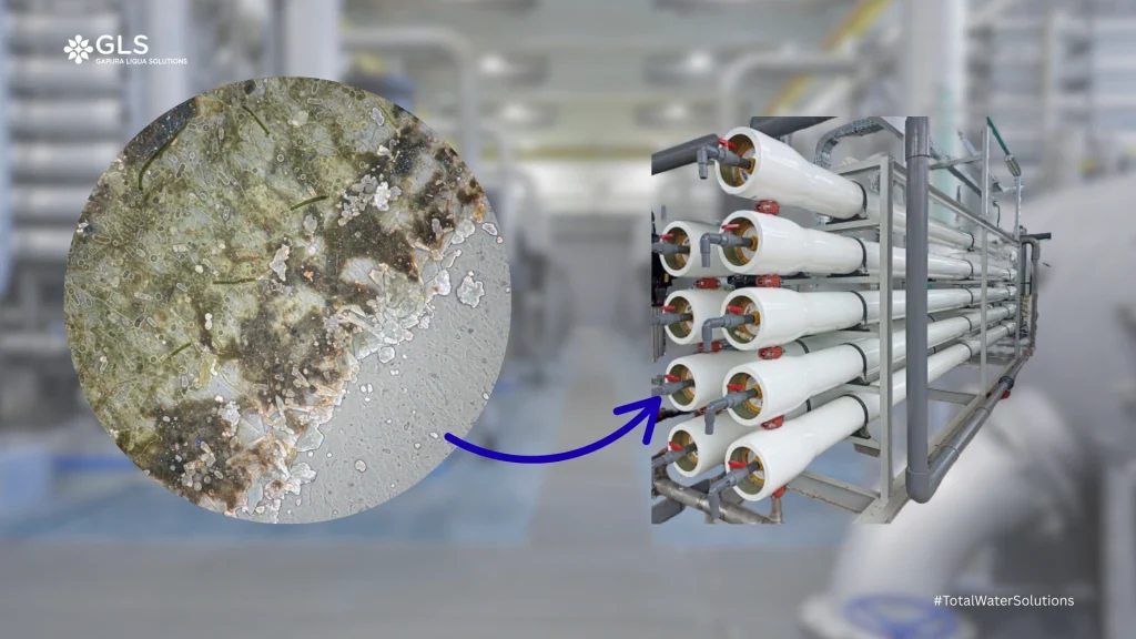 Fouling pada sistem membran RO akibat kerak mineral dan deposit yang menumpuk di permukaan.