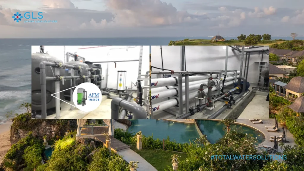 Desalination plant at Jumeirah Bali using Activated Filter Media (AFM) and Sea Water Reverse Osmosis (SWRO) for sustainable water treatment.