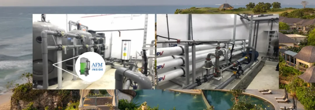 Desalination plant at Jumeirah Bali using Activated Filter Media (AFM) and Sea Water Reverse Osmosis (SWRO) for sustainable water treatment.