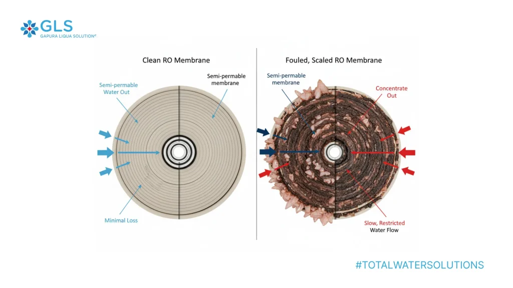 Diagram perbandingan membran RO bersih dengan aliran lancar dan membran berkerak yang menyebabkan aliran terhambat, sebuah ilustrasi pentingnya solusi flow RO tinggi.