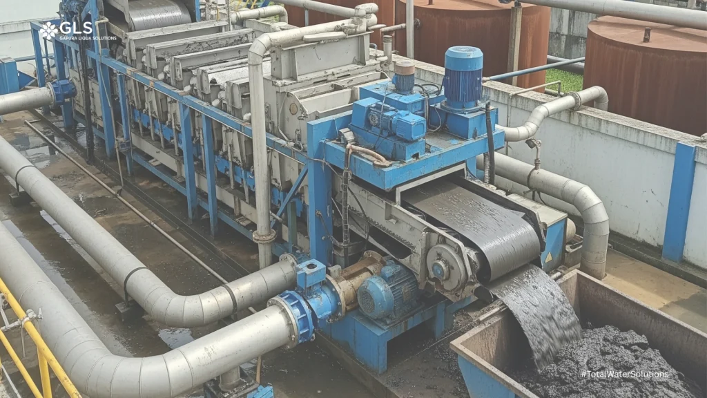 Industrial sludge dewatering equipment in action, processing wastewater sludge into a dry cake at a treatment facility in Indonesia.