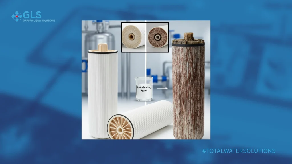 Perbandingan membran Reverse Osmosis sebelum dan sesudah penggunaan anti scaling agent dari Gapura Liqua Solutions.