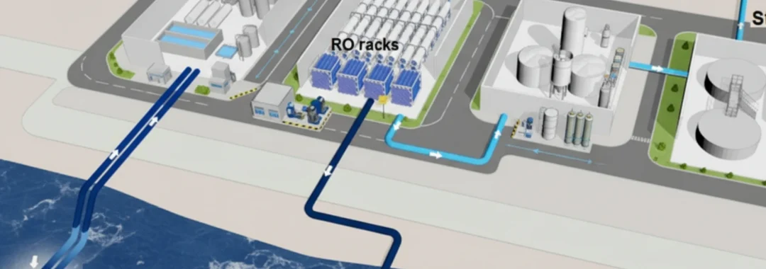 Diagram proses desalinasi air laut menggunakan sistem reverse osmosis (RO) dari Gapura Liqua Solutions.