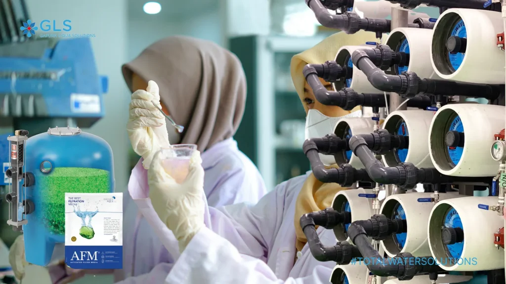 Laboratory water purification system with RO membranes, polishing filters, and activated filter media for ultrapure water production.