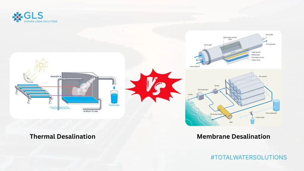 Comparison diagram of thermal vs membrane desalination showing evaporation and condensation process versus reverse osmosis filtration system.