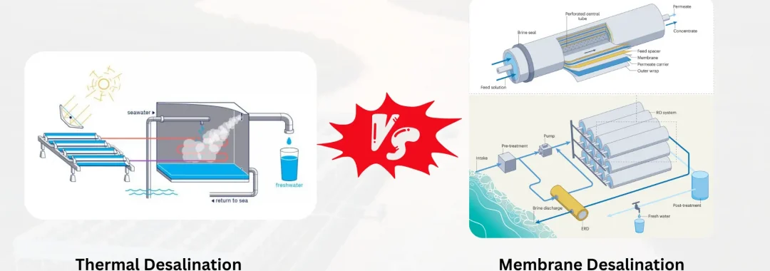 Comparison diagram of thermal vs membrane desalination showing evaporation and condensation process versus reverse osmosis filtration system.