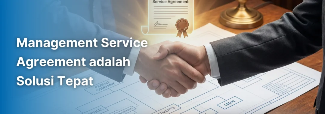 wo professionals shaking hands over technical blueprints with a gold MSA contract icon, signifying that Management Service Agreement adalah solusi (MSA is the solution) for risk transfer.
