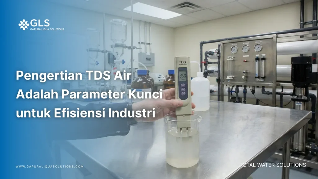 Teknisi menggunakan TDS meter digital untuk mengukur kualitas air, memvisualisasikan pengertian TDS air adalah parameter vital dalam sistem pengolahan air industri GLS.