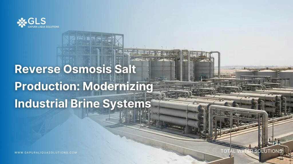 Industrial engineer inspecting high-pressure piping in a reverse osmosis salt production facility to ensure efficient brine concentration.