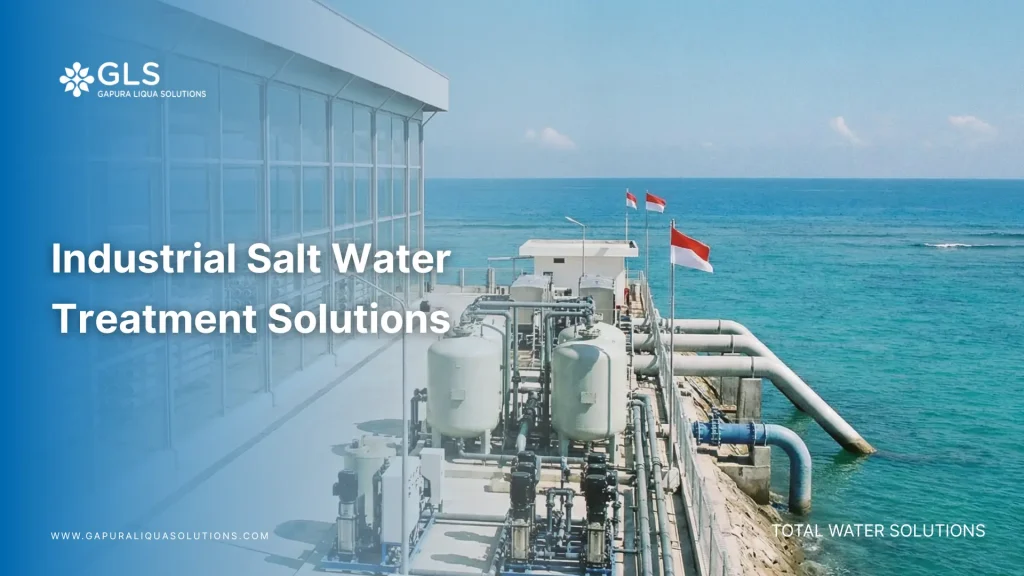 A large-scale industrial salt water treatment plant utilizing reverse osmosis pressure vessels under a clear sky in Indonesia