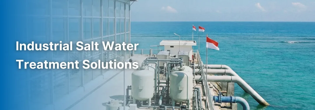 A large-scale industrial salt water treatment plant utilizing reverse osmosis pressure vessels under a clear sky in Indonesia
