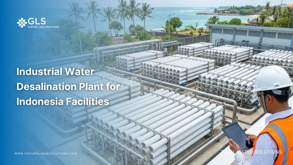 Engineer monitoring an industrial water desalination plant system at a coastal facility in Indonesia.