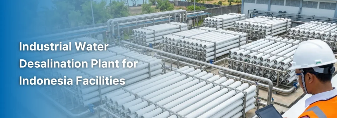 Engineer monitoring an industrial water desalination plant system at a coastal facility in Indonesia.