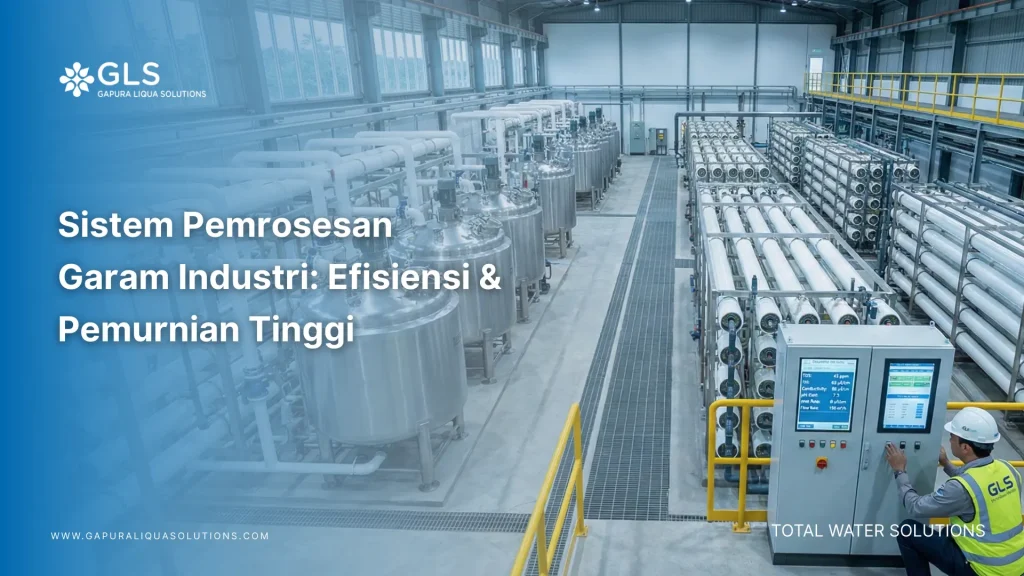 Teknisi memeriksa sistem pemrosesan garam industri dan membran RO di fasilitas water treatment modern.