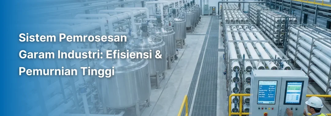 Teknisi memeriksa sistem pemrosesan garam industri dan membran RO di fasilitas water treatment modern.