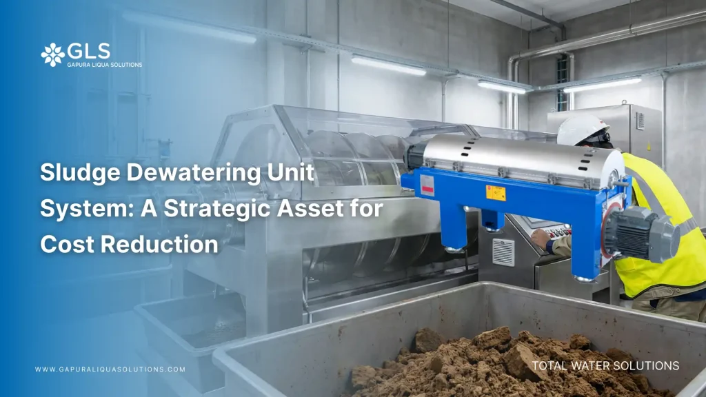 Engineer inspecting a sludge dewatering unit system screw press at an industrial facility.