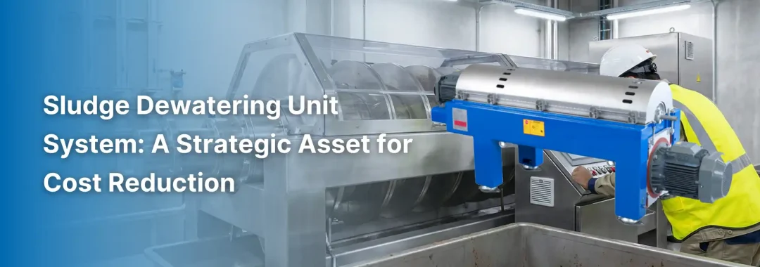 Engineer inspecting a sludge dewatering unit system screw press at an industrial facility.