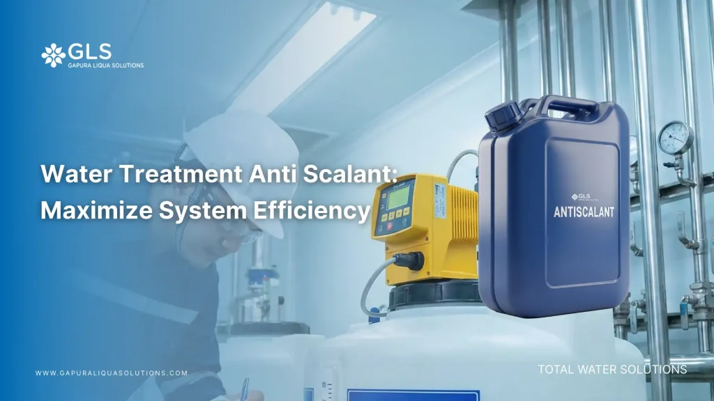 Industrial engineer inspecting a water treatment anti scalant dosing tank at a manufacturing plant.