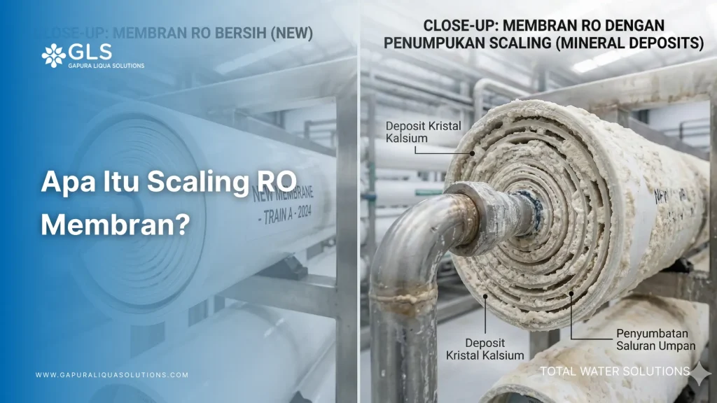 Seorang insinyur pabrik memeriksa panel tekanan air, mengidentifikasi gejala untuk menjelaskan apa itu scaling RO pada sistem membran industri berteknologi tinggi
