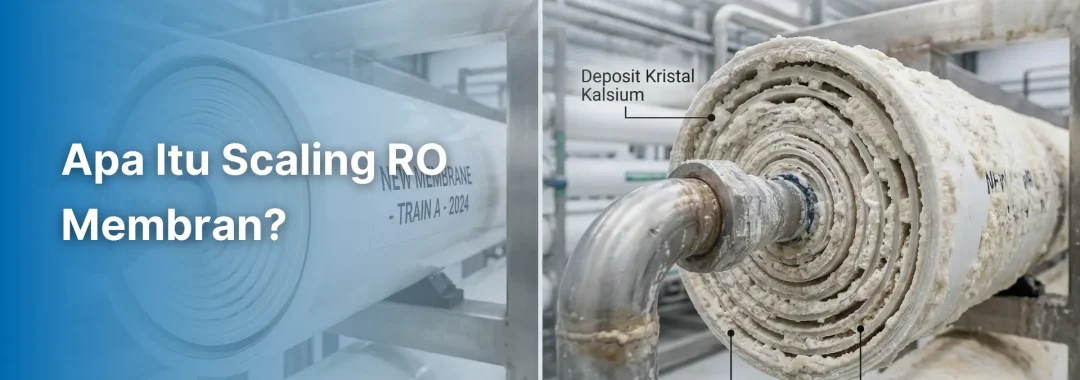 Seorang insinyur pabrik memeriksa panel tekanan air, mengidentifikasi gejala untuk menjelaskan apa itu scaling RO pada sistem membran industri berteknologi tinggi