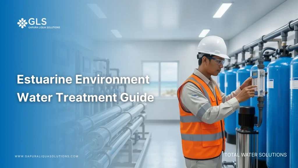 An industrial engineer inspecting an estuarine environment water treatment system featuring high-recovery reverse osmosis and AFM vessels.