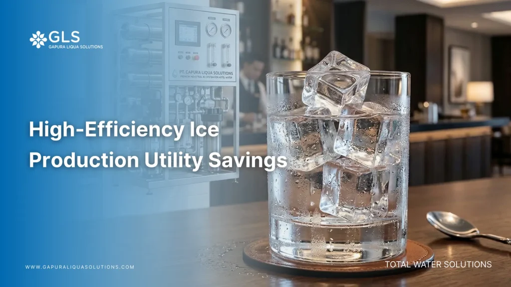 A close-up of crystal clear ice cubes produced by a machine utilizing high-efficiency ice production methods with RO water filtration.