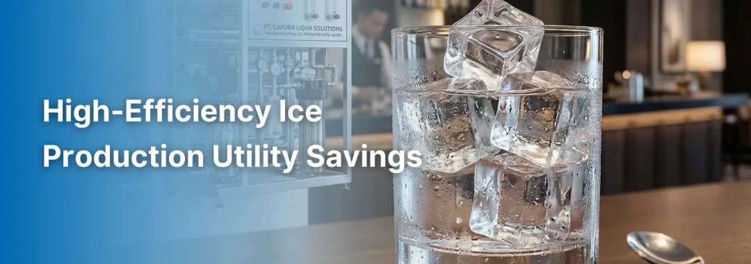 A close-up of crystal clear ice cubes produced by a machine utilizing high-efficiency ice production methods with RO water filtration.