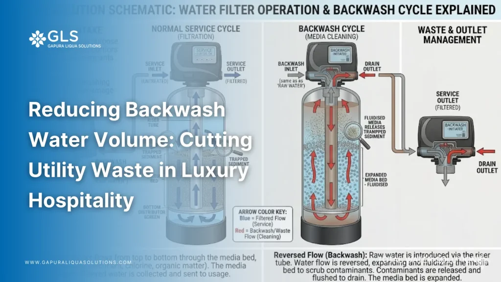 An industrial technician inspecting a high-efficiency AFM filtration tank designed for reducing backwash water volume in a luxury resort