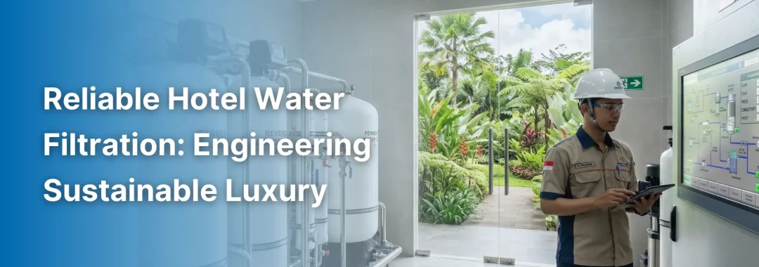 A technical installation of a reliable hotel water filtration system using AFM media and RO technology in a clean resort utility room.