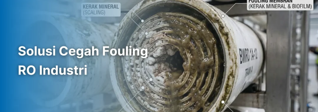 Insinyur industri sedang menginspeksi sistem pre-treatment dan tabung membran bertekanan tinggi sebagai bagian dari penerapan solusi cegah fouling RO.