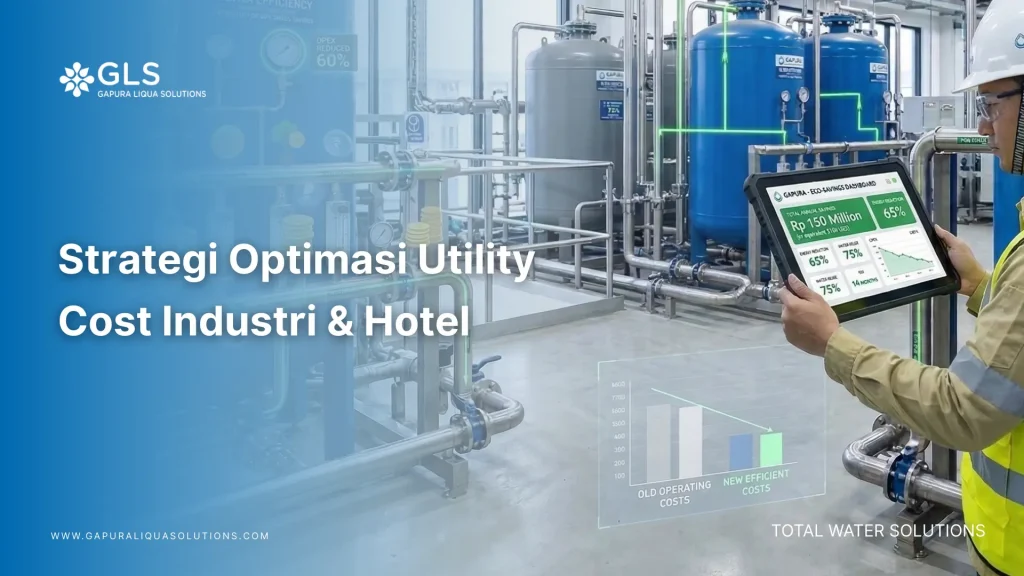 Teknisi sedang melakukan audit sistem pengolahan air sebagai bagian dari strategi optimasi utility cost untuk efisiensi operasional pabrik