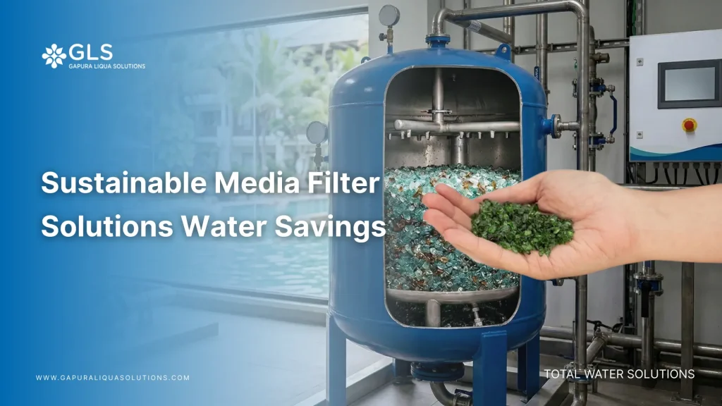 An industrial filter cross-section showcasing sustainable media filter solutions like AFM glass media used in luxury hotel water treatment.