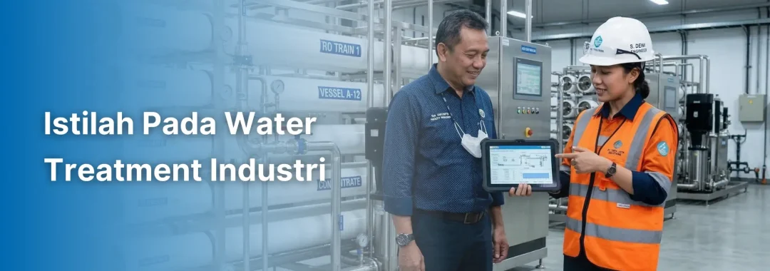 Insinyur menjelaskan grafik sistem RO kepada manajer fasilitas untuk memberikan pemahaman mengenai istilah pada water treatment.