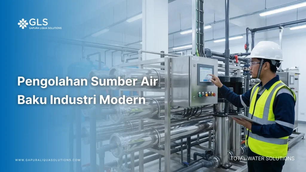 Seorang insinyur profesional menginspeksi sistem pengolahan sumber air baku berteknologi tinggi di sebuah fasilitas pabrik modern.