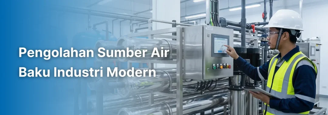 Seorang insinyur profesional menginspeksi sistem pengolahan sumber air baku berteknologi tinggi di sebuah fasilitas pabrik modern.