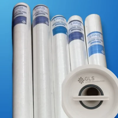 GLS Liqua Meltblown Cartridge Filters Five tall, white Liqua meltblown water cartridge filters standing against a blue background, with a prominent close-up of a white cartridge filter end cap showing a black O-ring and the GLS logo.