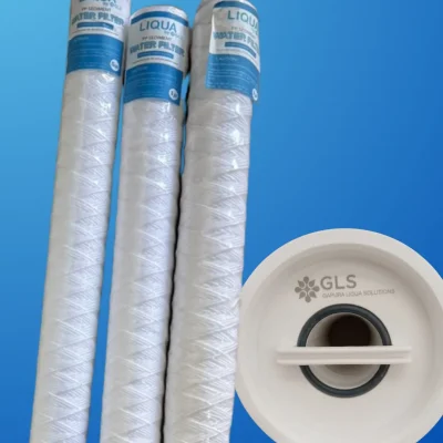 GLS Liqua String Wound Cartridge Filters Three tall, white Liqua string wound water cartridge filters standing against a blue background, alongside a close-up of a white filter end cap showing a black O-ring and the GLS logo.