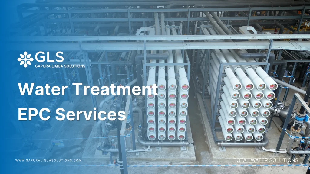 A high-angle view of a large-scale industrial Reverse Osmosis plant with extensive piping and pressure vessel arrays, showcasing water treatment EPC contractor services by PT. Gapura Liqua Solutions.