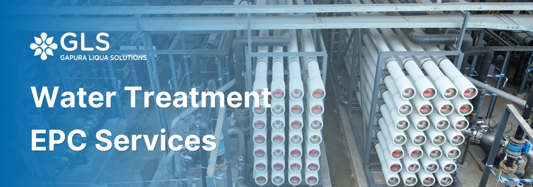 A high-angle view of a large-scale industrial Reverse Osmosis plant with extensive piping and pressure vessel arrays, showcasing water treatment EPC contractor services by PT. Gapura Liqua Solutions.