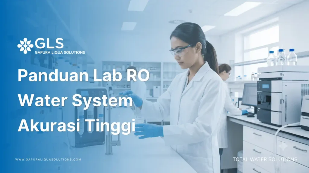 Peneliti laboratorium mengambil sampel air ultra-murni dari instalasi lab RO water system berteknologi tinggi rancangan PT. Gapura Liqua Solutions.