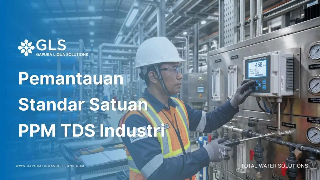 Insinyur GLS sedang mengukur kualitas air murni di pabrik menggunakan TDS meter digital untuk memastikan standar satuan ppm tds terpenuhi.