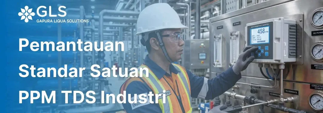 Insinyur GLS sedang mengukur kualitas air murni di pabrik menggunakan TDS meter digital untuk memastikan standar satuan ppm tds terpenuhi.