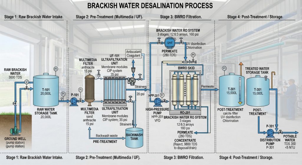 A detailed engineering flow diagram of a GLS brackish water desalination system, illustrating the four sequential stages from raw water intake and pre-treatment to BWRO filtration and post-treatment storage.